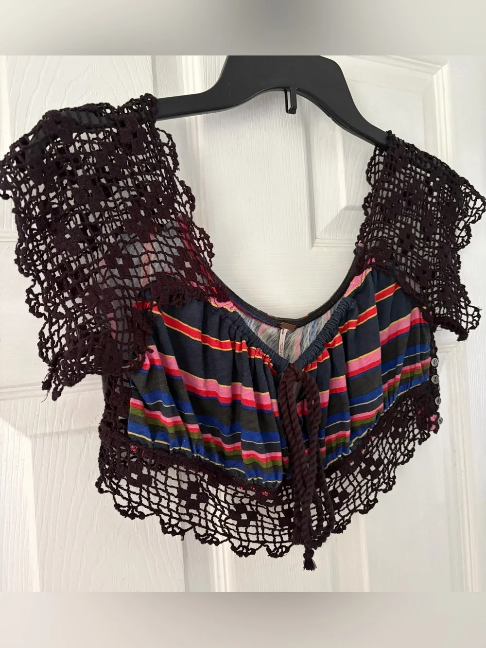 Free People Black Crochet-Trim Striped Crop Top